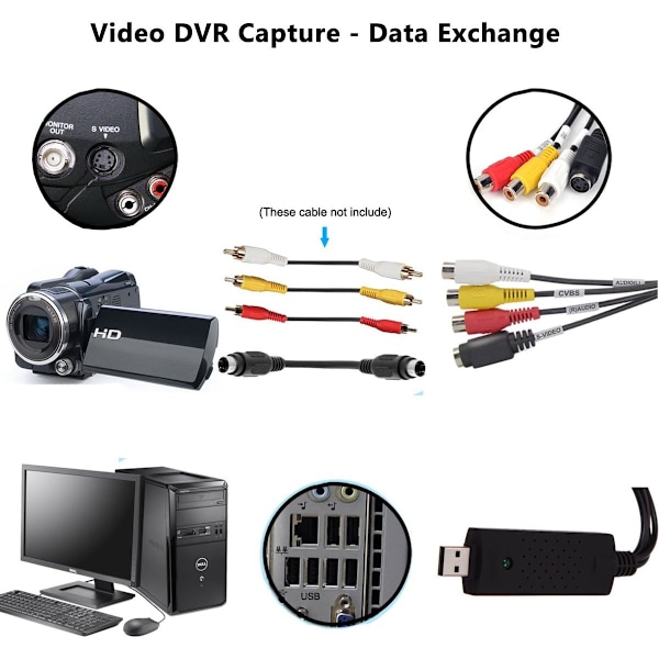 DVD-konverteradapter för Win 10, video- och ljudinspelningskort, inspelningsenhet som stöder Windows 10 8 7 XP VISTA PC etc (svart)