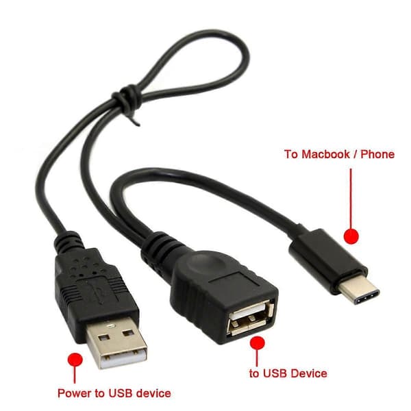 USB 3.1 Type-C til USB 2.0 Hunn OTG Datakabel med Ekstra Strøm - Svart