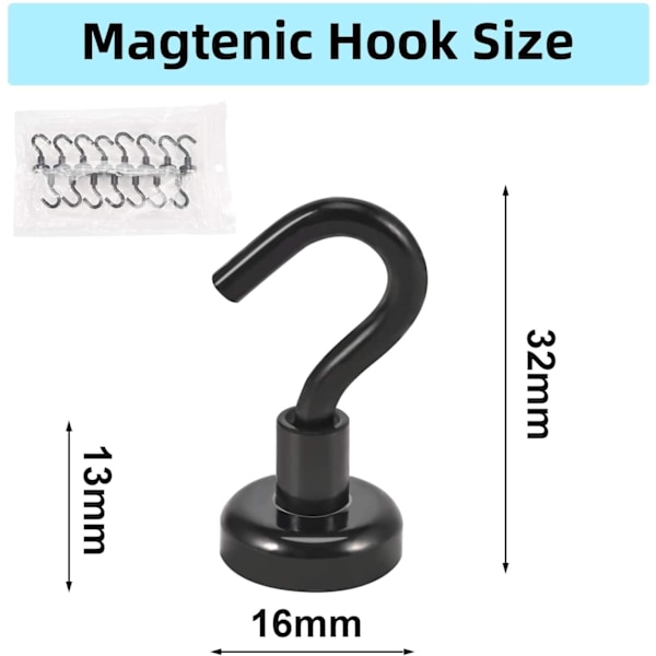 Magneettikoukut, 10 kpl Neodyymimagneettikoukku, 16 mm Vahva Magneettikoukku, Erittäin Vahvat Magneetit Koukuilla (Musta)