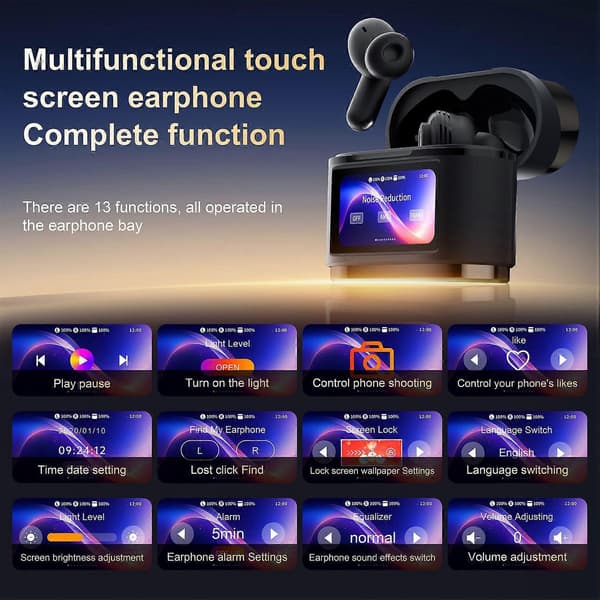 Typ B BD2 Smart Digital Display Touch Screen Trådlösa Bluetooth Hörlurar ANC+ENC Brusreducering