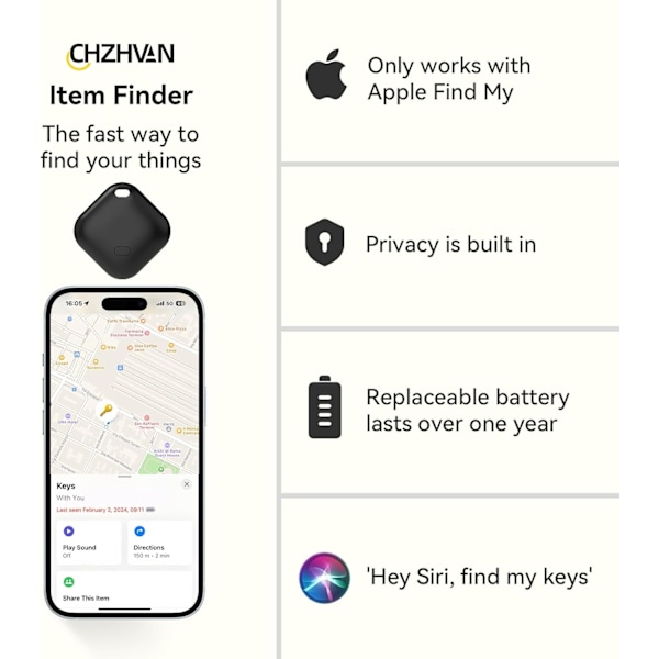 Nyckelfinnare, Plånboks Tracker Fungerar med Apple Hitta Min (endast iOS), Utbytbar Batteri, Vattenresistent, Bluetooth Objektfinnare (Svart, 2 Pack)