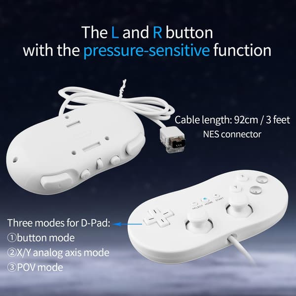 Klassisk kablet spilcontroller til Nintendo Wii, hvid, anden generation klassisk Wii, hornformet kablet design.