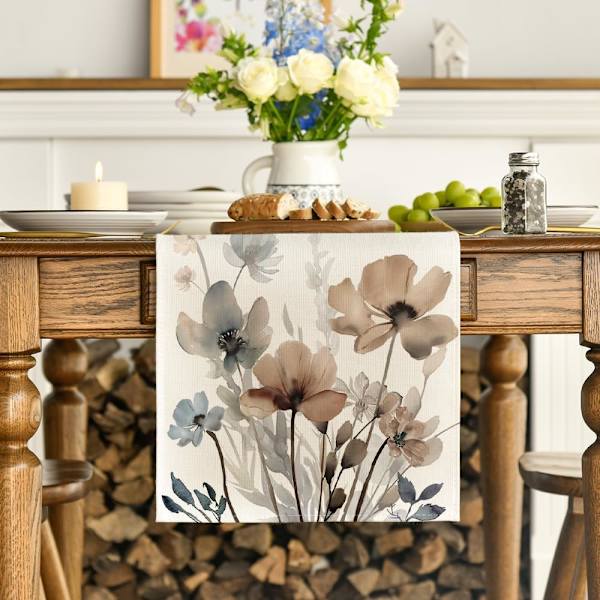 Brun Poppy Blomster Blader Vår Bordløper, Sesongbasert Sommer Kjøkken Spisebord Dekorasjon for Hjemmefest Dekor 40x140 cm