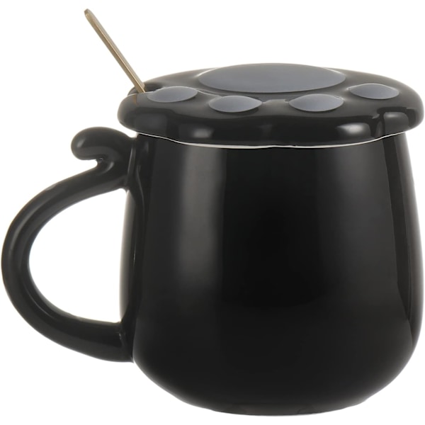 Krus Søt Keramisk Kaffekopp med Nydelig Katteklo-lokk Rustfritt Stål Skje, Spesielt Tekoppsett 450ml/16oz (Svart)