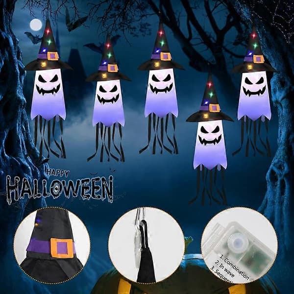 Halloween Dekorationer 5 STK Hængende Lysende Glødende Spøgelse Heksehat