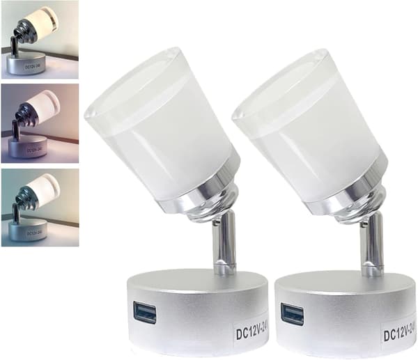 12V LED Lampa för Husbil med USB, 3W, Touch Dimmer, 3 Färger (2 Stycken)