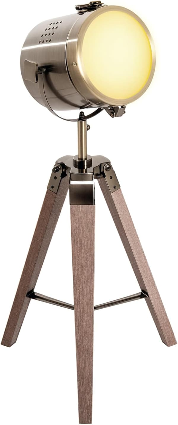 Retro tripod bordlampe / nattbordslampe / spotlight / antikk messing spotlight / trebunn