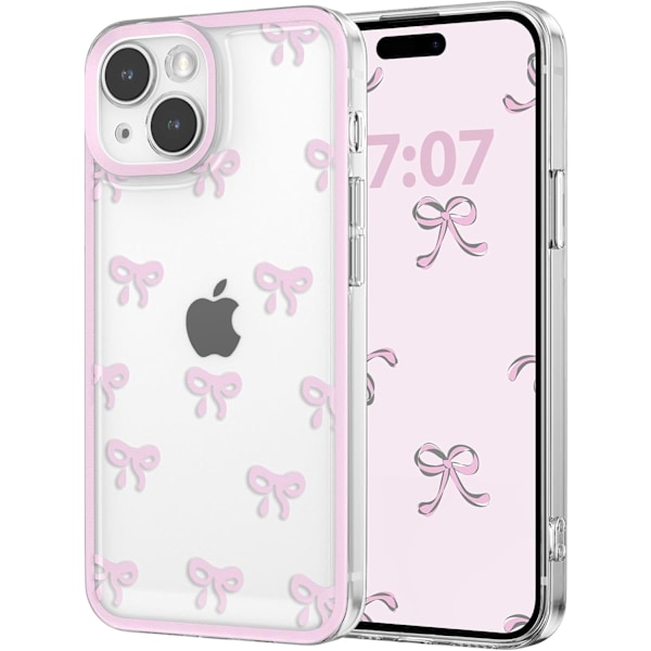 Skal för iPhone 14, Genomskinligt Sött Band Rosett Mönster Estetiskt Transparent Mobilskal Upphöjt Kameraskydd för Tjejer - Rosa iPhone 14