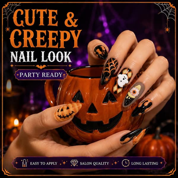 30 press-on negler Halloween mandel 3D blodøye gresskar design
