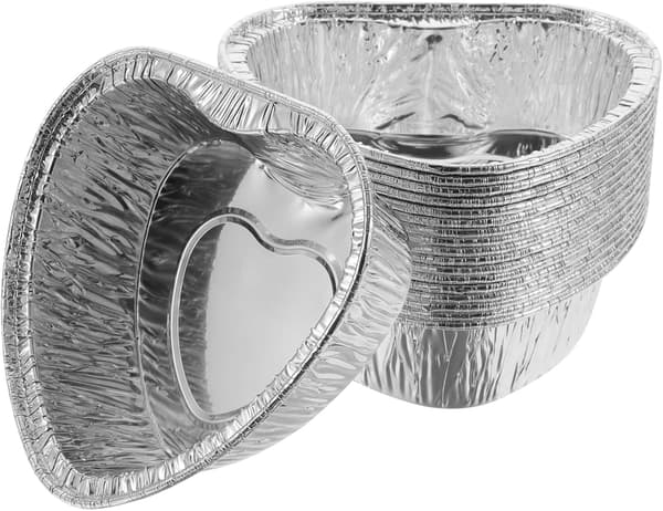 30 Premium Hjerteformede Aluminium Bageforme, Sølv, Engangs Aluminium Tærteforme, 10 x 9,5 x 3,3 cm