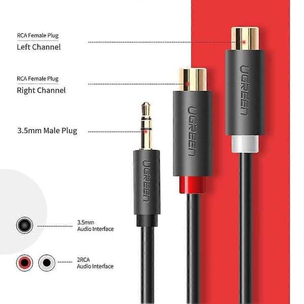 UGREEN 10547 0,25-meter 3,5 mm AUX han til 2RCA hun RCA Y-splitter lydadapter-stikkabel