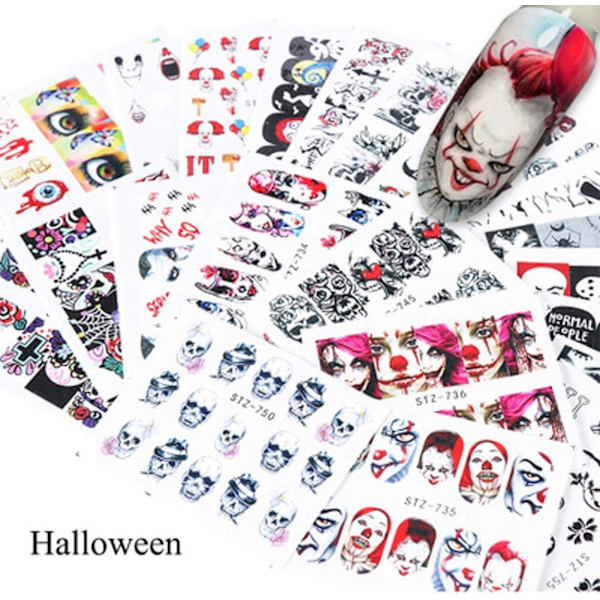 Halloween Nagelstickers Dödsdagens Vattenöverföring Nageldekaler 24 Ark Skalle Spöke Öga Hulk Clown Häxa Nagelkonst Dekaler