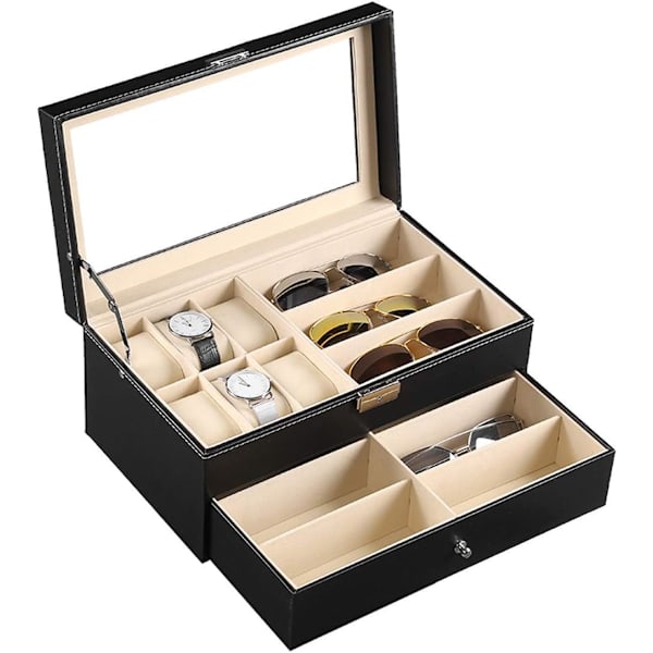 Læder 6 Ur Boks Smykkeskrin og 9 Dele Brilleopbevaring og Solbrille Brille Display Skuffe Låsbar Etui Organizer, Sort