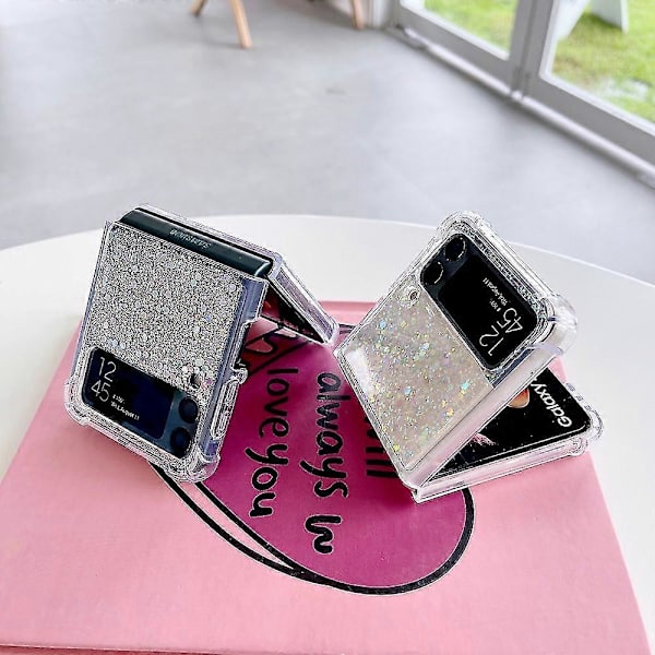 Transparent Glitter Skal Kompatibelt Med Samsung Galaxy Z Flip 4, Hårt PC Fyrhörn Stötsäkert Skydd