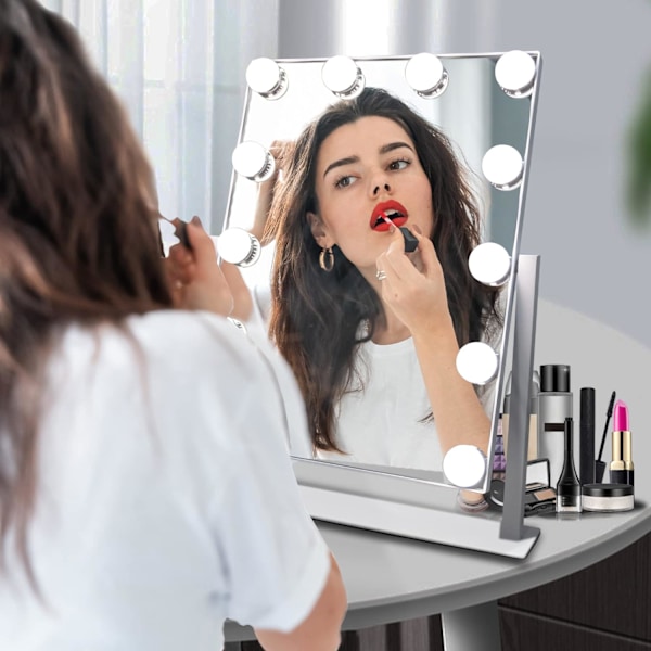 Hollywood Makeup Spejl med Lys, 3 Farve Belysningstilstande og 12 Dæmpbare Pærer, Smart Touch Kontrol, 360° Rotation, Hvid