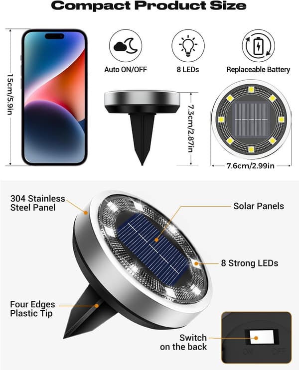 Sett med 8 solcellelamper for bakken, 8 LED utendørs hage solcellelys vanntett IP65 solcellelys, utendørs solcelle spotlight varm hvit