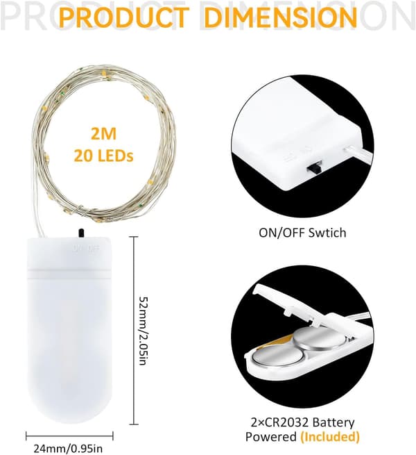 Sæt med 8 mini LED lyskæder med batterier, 2m, 20 LED'er, dekorative, til gaveæsker, fester, jul, bryllupslanterner