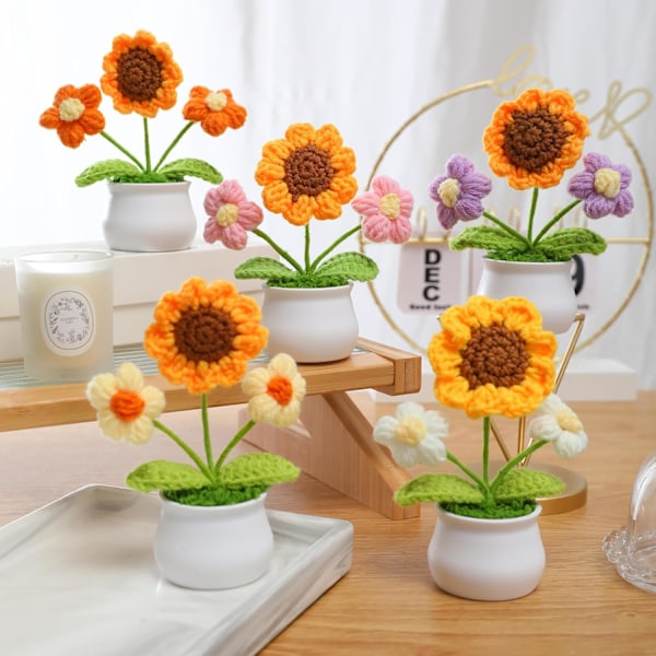 Kunstig Blomst Heklede Blomster Potteplante, Mini Strikket Blomsterpotte, Liten Håndlaget Heklet Blomst for Hjemmekontor Borddekor