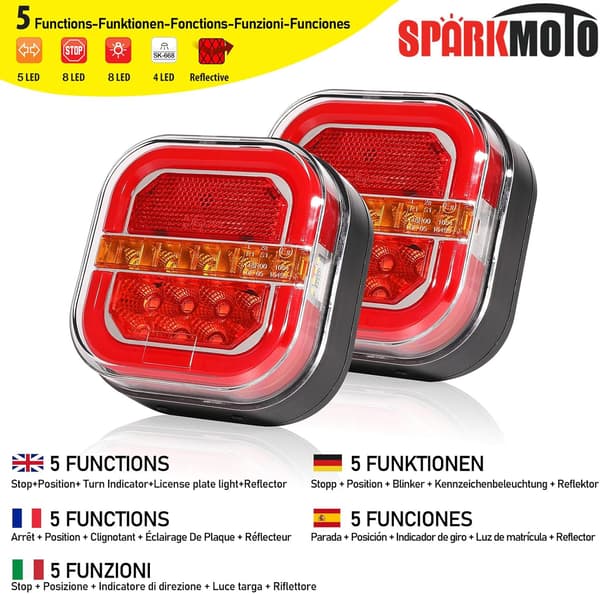 To LED-trailerbaglygter: nummerplade, bremselys, refleks, 12V/24V, ECE/EMC-certificeret.