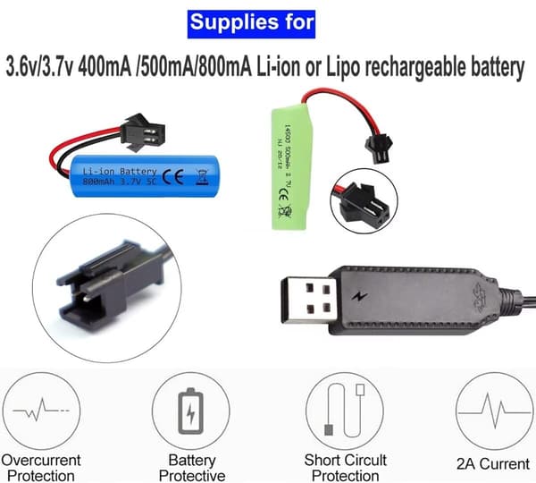 Batteriladekabel, USB-ladekabel, 3,6V/3,7V, egnet for oppladbare litium-polymerbatterier, SM-2-pinners kontakt