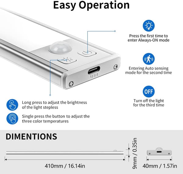 Køkkenlamper til underskabe, 3 farver dæmpbar 32 LED bevægelsessensorlamper indendørs, 1000mAh USB-C genopladelig (40cm - 2 stk) 40cm