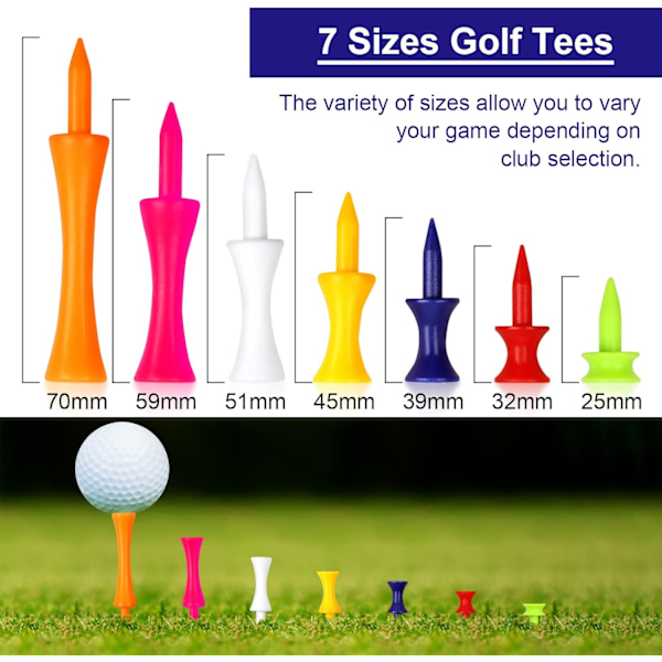 Golf Tees Plast, 70 st Blandade Storlekar, Hållbara Vinter Små Slott Tees i Flera Färger (25mm, 32mm, 39mm, 45mm, 51mm, 59mm, 70mm)