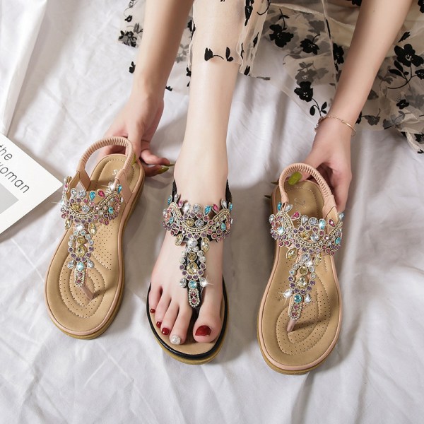 Sommar ny stil bohemisk sandal mode strass platta sandaler för kvinnor pink 37