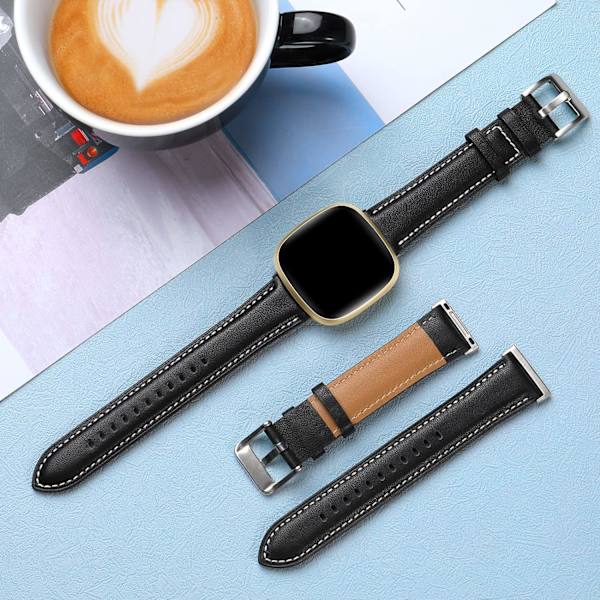 Läderarmband Kompatibelt med Fitbit Versa 3/Fitbit Sense 2/Sense Armband, Äkta Läder Elegant Ersättningsband, Svart