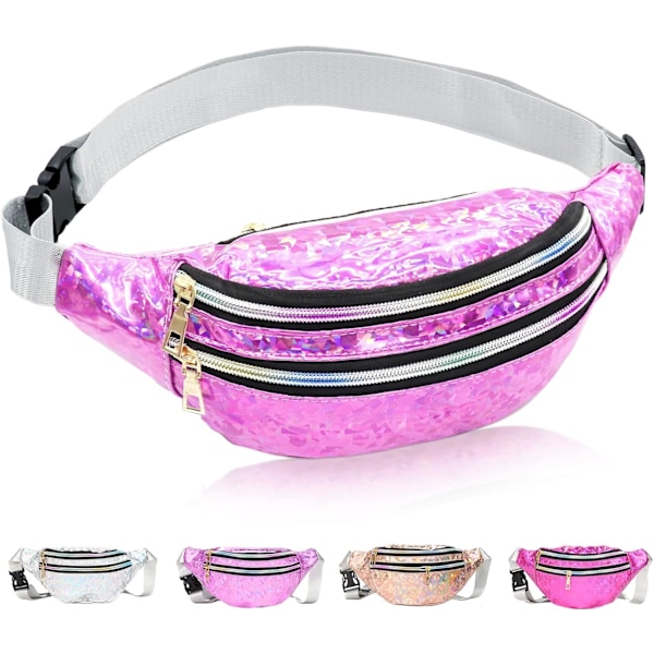 Holografisk Bumbag Mode PU Läder Midjeväska Vattentät Neon Fanny Pack för Resor Löpning Vandring pink