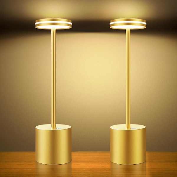 2 Pakk Oppladbar Trådløs LED Bordlampe, 5000mAh Batteridrevet Bordlampe, 3 Fargemoduser, Dimbar, USB Skrivebordslampe – Gull
