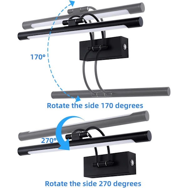 Væglampe til badeværelse over spejl, 40 cm 9W, dæmpbar 3 farvetemperaturer, buet arm spejllampe sort