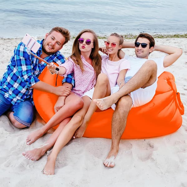 Oppblåsbar strandsofa, oppblåsbar seng 200 x 70 cm, ideell for camping og strand, oransje, polyester