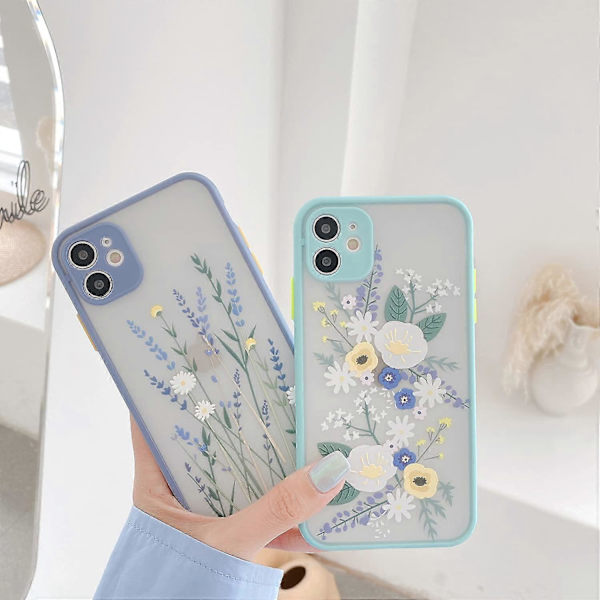 Kompatibelt skal för iPhone 11, blommigt, genomskinligt, frostad PC-baksida, blommor, flickor, kvinnor och mjukt TPU skyddande silikonskal, slimmat skal för iPhone 11 - Blå
