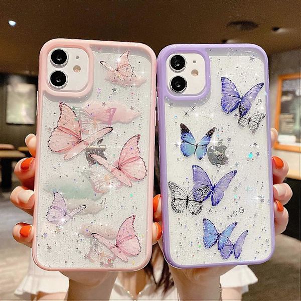 Kompatibel med iPhone 12/12 Pro Skal för Tjejer, Mjuk Slimmad Passform Fullständigt Skyddande Sött Klart Glittrigt Bling Stjärna Fjäril Mönster Mobilskal Glitter