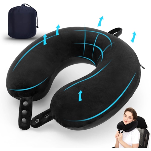 Resekudde i Memory Foam för Huvudstöd, Mjuk och Justerbar för Flygplan, Bil och Hem (Svart)