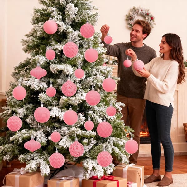 Fløyelsmyke Julekulepynt Sett - 46 stk. Julekuler i Plast, Assorterte Størrelser (Rosa)