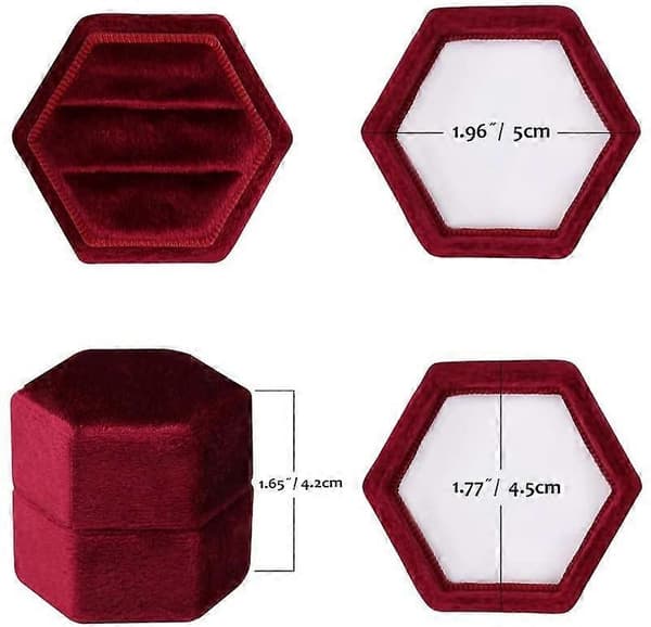 Hexagon Sammet Dubbla Fack Ring Arvegods Låda Förlovningsring Låda Friarlåda Ring Display Hållare (Röd)