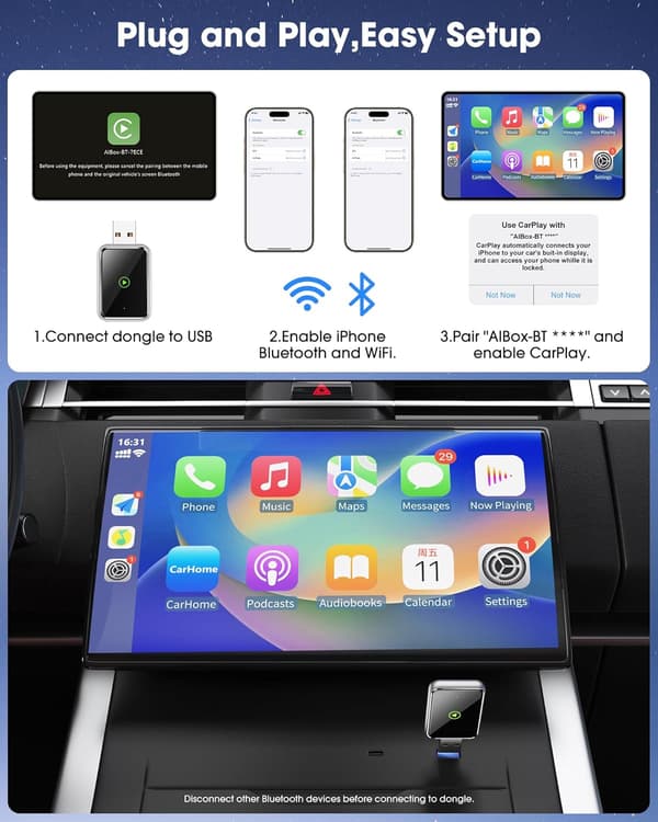 Trådlös CarPlay-adapter för iPhone - Plug-and-Play-installation, bred kompatibilitet med iPhones som kör iOS 12+ (Endast för iPhone)