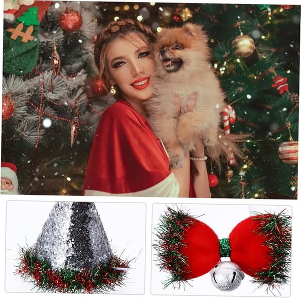Set med 2 stycken Julhatt för husdjur Julvalphalsband Julvalpkostym Tomtefluga Husdjur Tomtehatt Husdjurshalsband Polyester