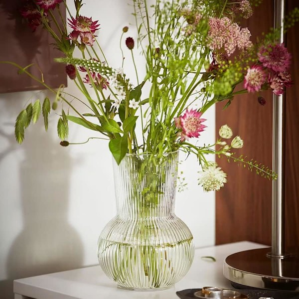 Vas, Vas för blommor, Ribbad Glasvas, 17 cm | 6,6 tum Blomvas, Ledoir, Vas för Blommor, Rosor, Knopp, Pion eller Tulpan