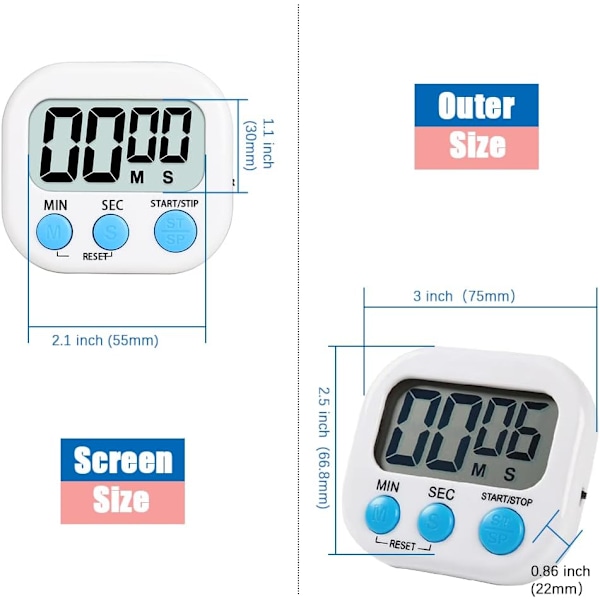 Magnetisk Kökstimer, med Stor LCD-Display, Timers för Matlagning, Studier, Vit Nedräkning (Vit)