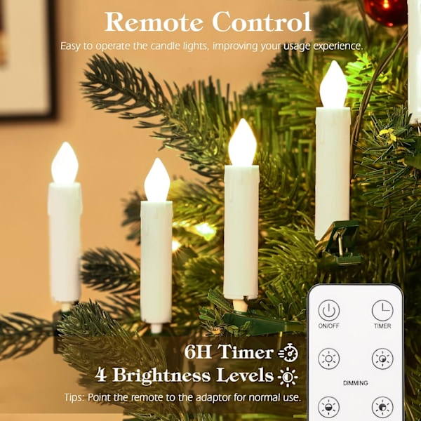 10 stk. LED juletrelys, flammeløse LED-juletrelys med fjernkontroll, timer og 4 moduser