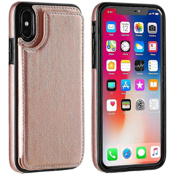 Iphone Xs Iphone X Lompakkokotelo Korttipaikalla, Kaksinkertainen Magneettilukko - Ruusukulta