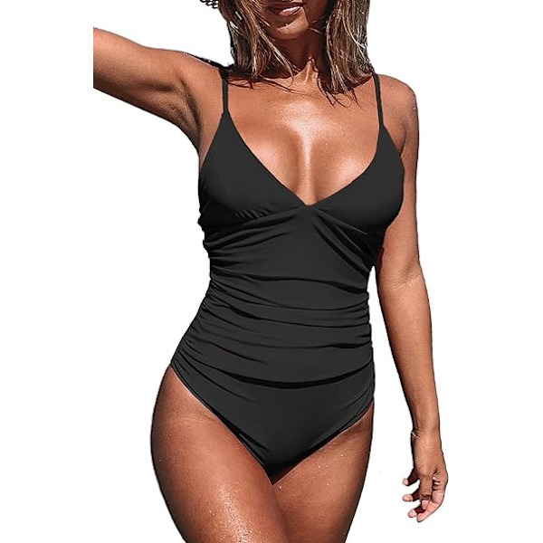 Dame Badedragt Heldragt V-hals Mavekontrol Rynket Front Lav Ryg Badedragt Badetøj - Sort - Størrelse XL black XL