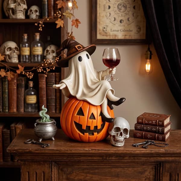 Sjov Halloween Dekorationsfigur, Heksespøgelse siddende på græskar, Efterårsornament til Halloweenfest