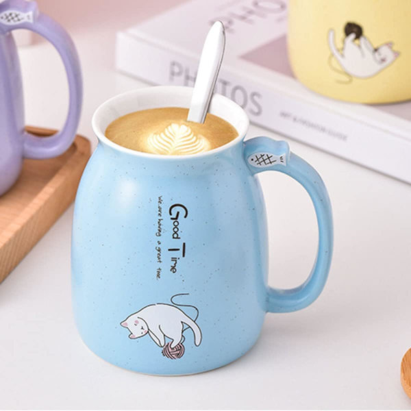 Keramisk Krus, Sødt Katte Krus til Kaffe, Kawaii Kat Kop med Låg og Rustfri Stål Ske, Kaffe- og Mælkekrus, Blå, 420ML/14OZ