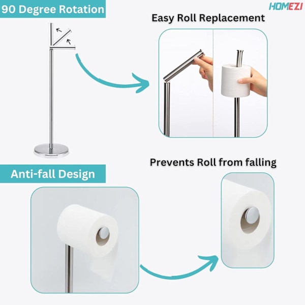 Fristående Toalettrullsställ med TYNGRE BAS, Badrum 2 i 1 Hållare och Förvaring för 5 Rullar - Krom