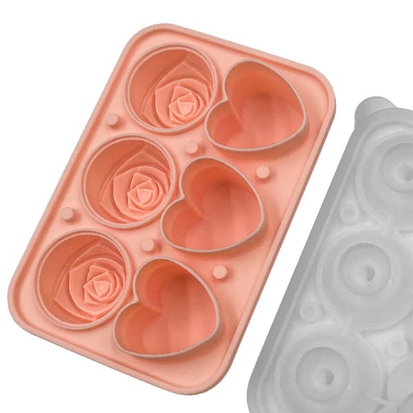 Silikonisbitbrett med gjennomsiktig trakte-lokk, 3 hjerteformede iskuler og 3 roseformede iskuler, Rosa