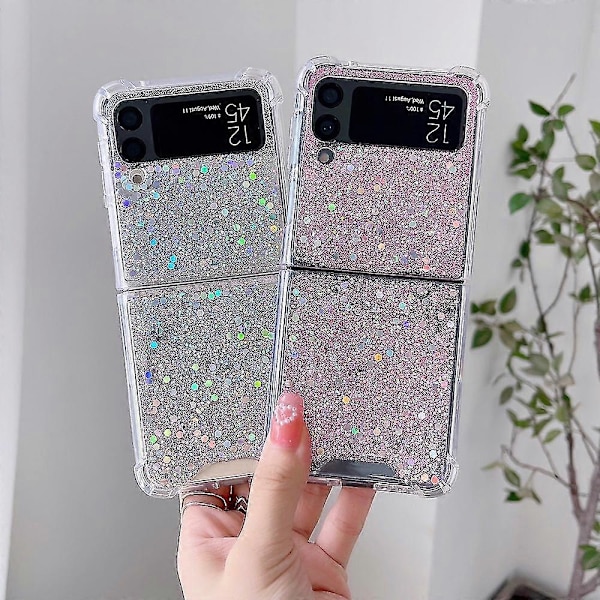 Läpinäkyvä glitterikuori, yhteensopiva Samsung Galaxy Z Flip 4:n kanssa, kova PC-nelikulmainen iskunkestävä suojus