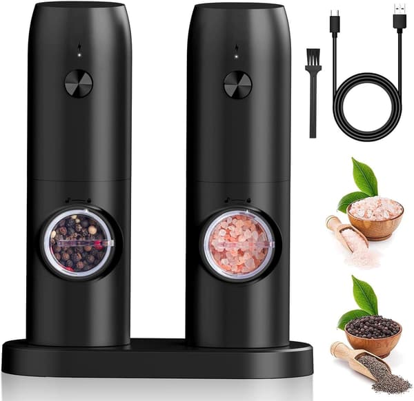 Elektrisk Salt- och Pepparkvarn Set, 2 st USB Uppladdningsbart Set Justerbar Grovhet med Bas